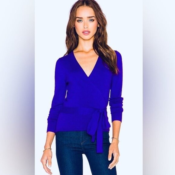 Ann Taylor Sweaters - Ann Taylor Merino Wool Tie Front V-Neck Long Sleeve Blue Wrap Sweater